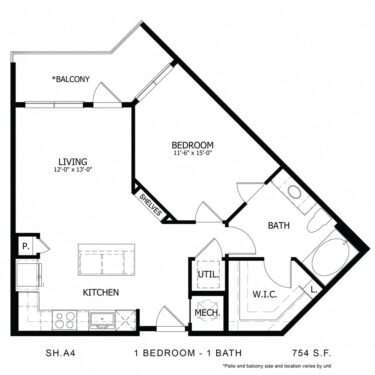 Rendering of the SH_A4 floor plan with 1 bedroom[s] and 1 bathroom[s] at Sage Hill at Cypress Waters