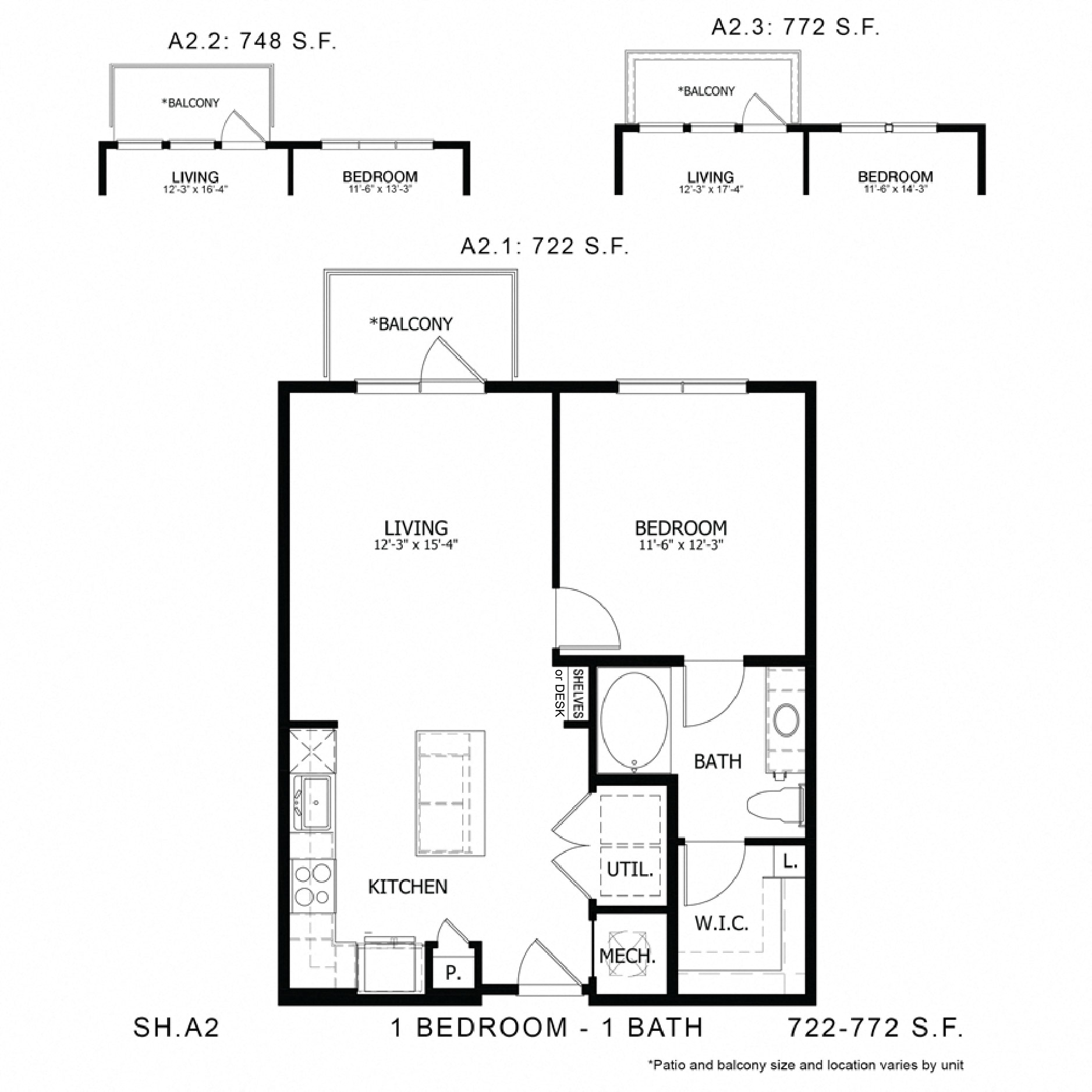 Rendering of the SH_A2 floor plan with 1 bedroom[s] and 1 bathroom[s] at Sage Hill at Cypress Waters
