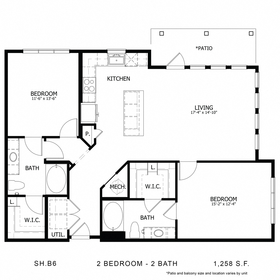 Rendering of the SH_B6 floor plan with 2 bedroom[s] and 2 bathroom[s] at Sage Hill at Cypress Waters