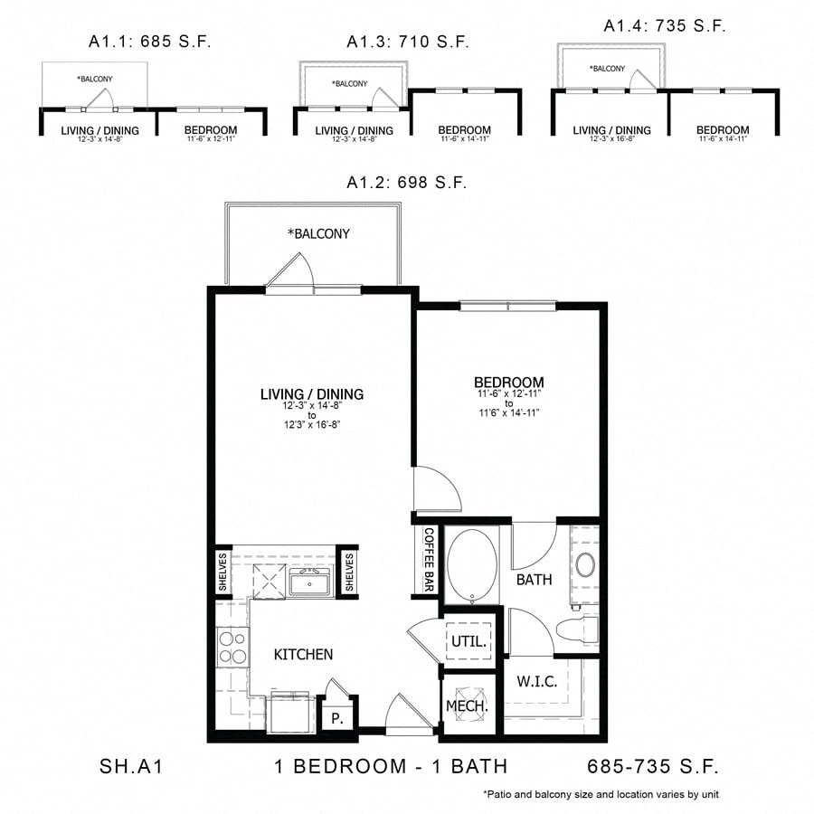 Rendering of the SH_A1 floor plan with 1 bedroom[s] and 1 bathroom[s] at Sage Hill at Cypress Waters