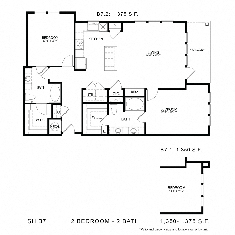 Rendering of the SH_B7 floor plan with 2 bedroom[s] and 2 bathroom[s] at Sage Hill at Cypress Waters