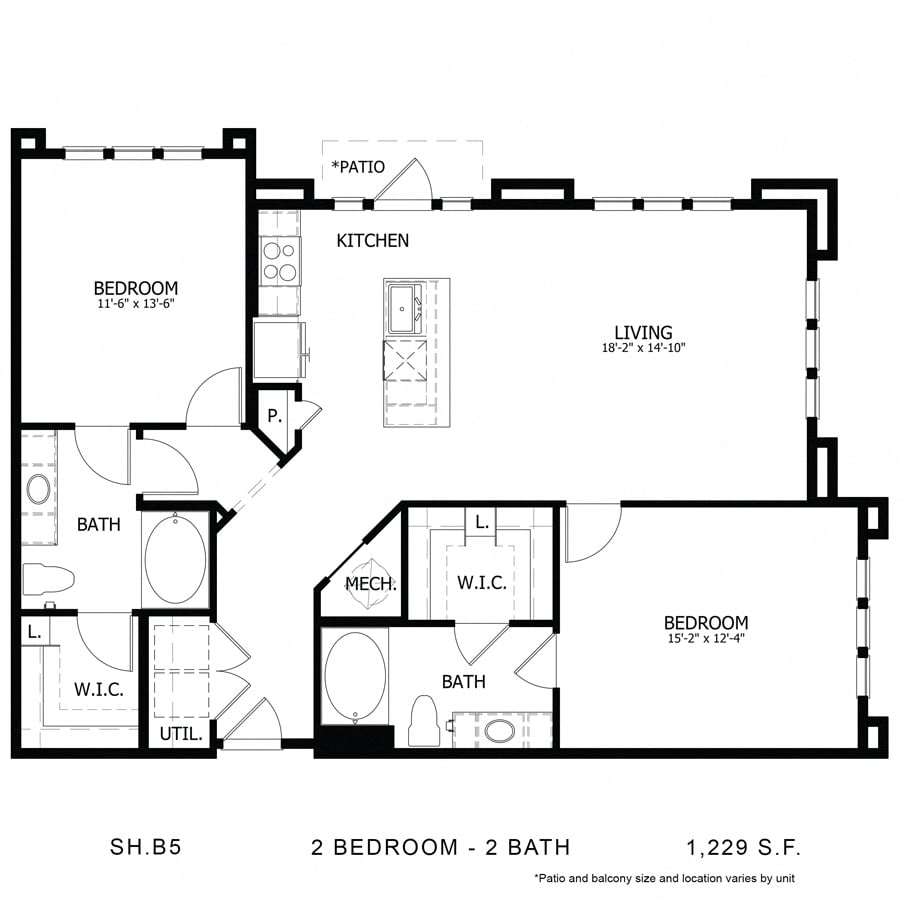 Rendering of the SH_B5 floor plan with 2 bedroom[s] and 2 bathroom[s] at Sage Hill at Cypress Waters