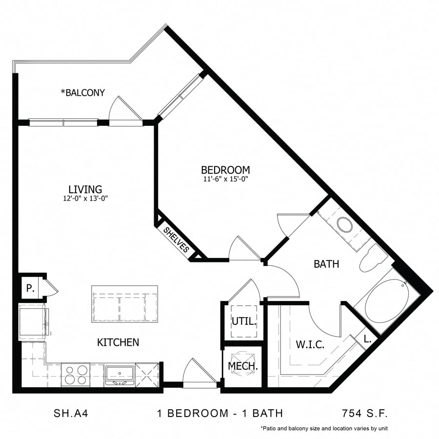 Rendering of the SH_A4 floor plan with 1 bedroom[s] and 1 bathroom[s] at Sage Hill at Cypress Waters