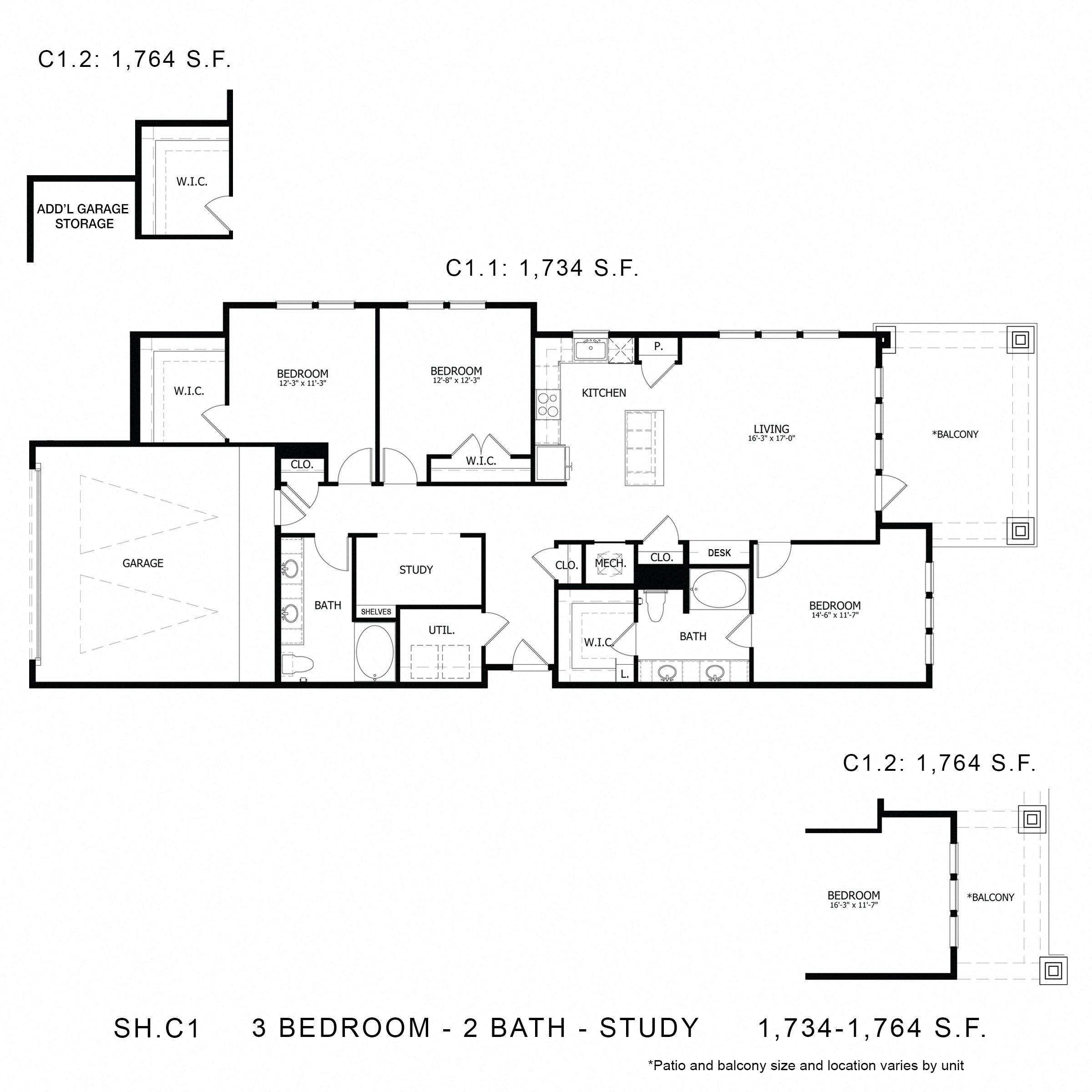 Rendering of the SH_C1 floor plan with 3 bedroom[s] and 2 bathroom[s] at Sage Hill at Cypress Waters